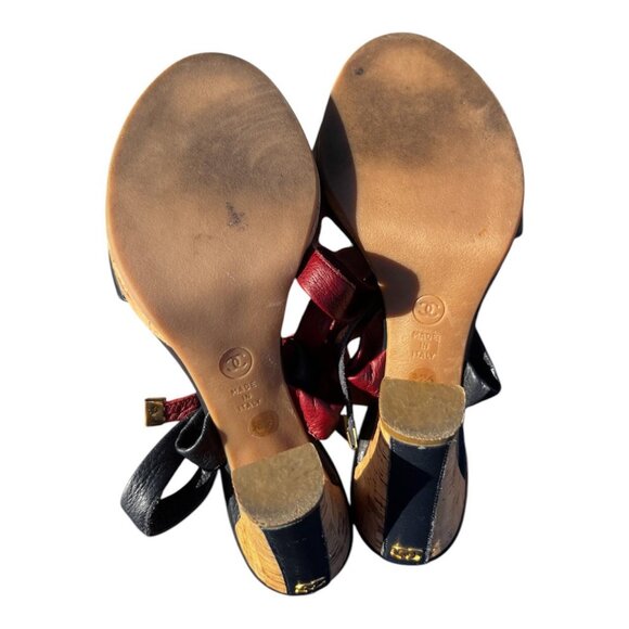 Chanel Shoes Blue Burgundy Cc Logo Cork Heel Leather Ankle Tie Size 6.5 - Picture 5 of 5